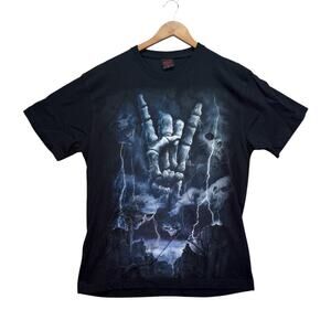 Skulls Guitar Cemetery GRIM Rock On Metal Hardcore Goth Thunder Spiral T Shirt L